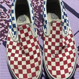 Vans Red and Blue Checkerboard Classic Slip-On Sneakers